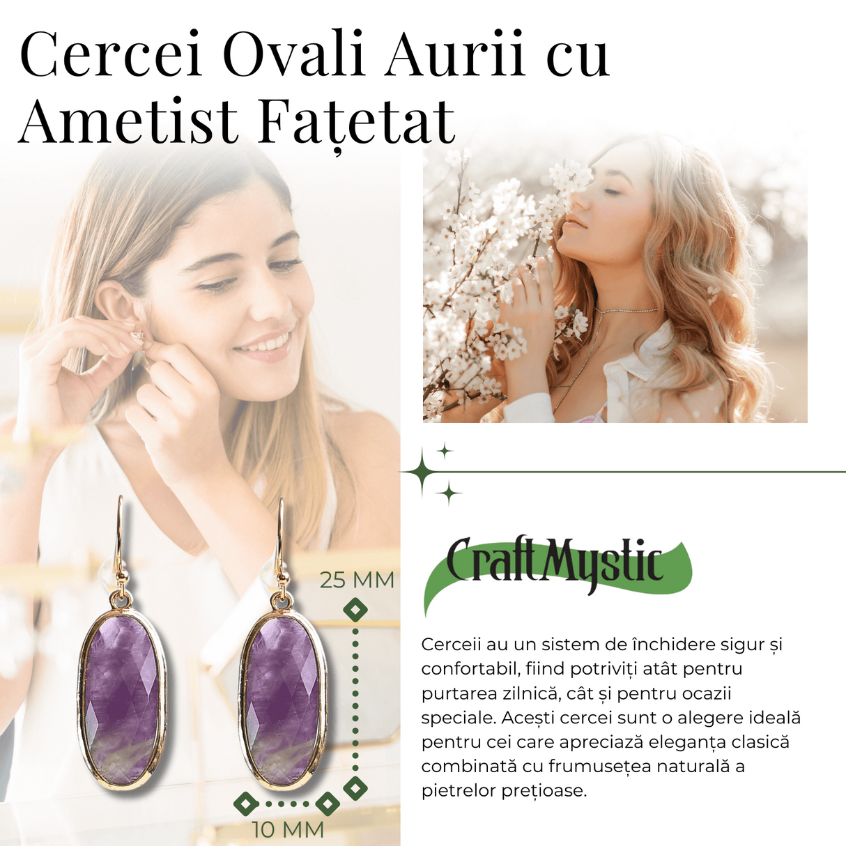 Cercei Ovali cu Piatra Ametist Fatetat Aurii - Energie si Eleganta