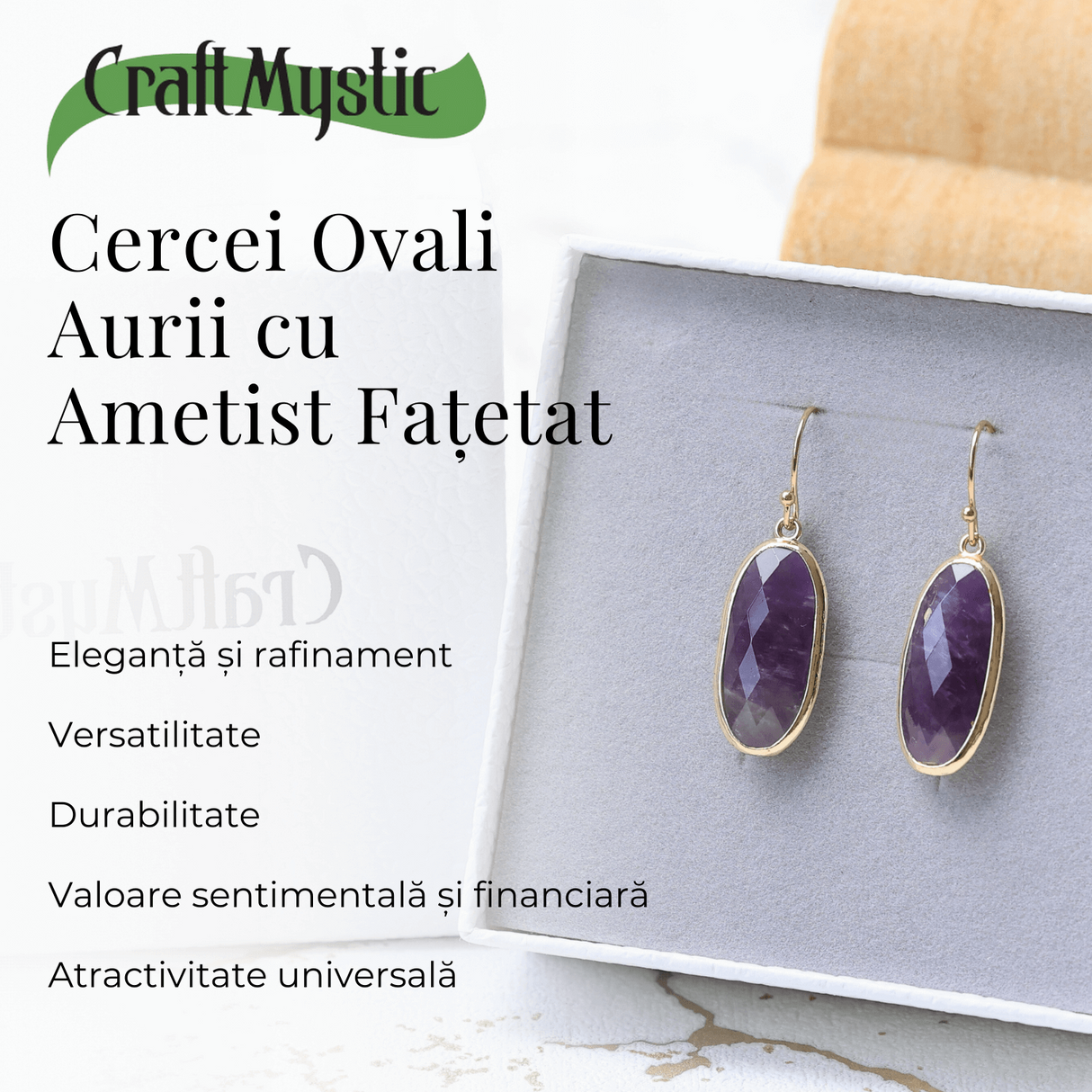 Cercei Ovali cu Piatra Ametist Fatetat Aurii - Energie si Eleganta