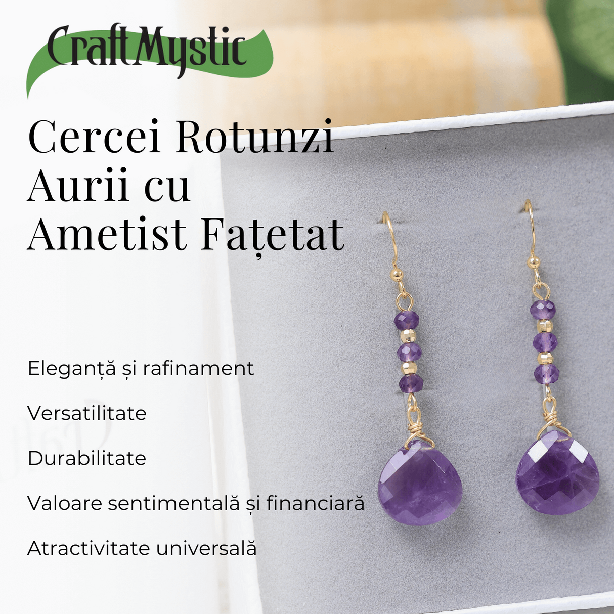 Cercei Rotunzi cu Piatra Ametist Fatetat Aurii - Claritate si Eleganta