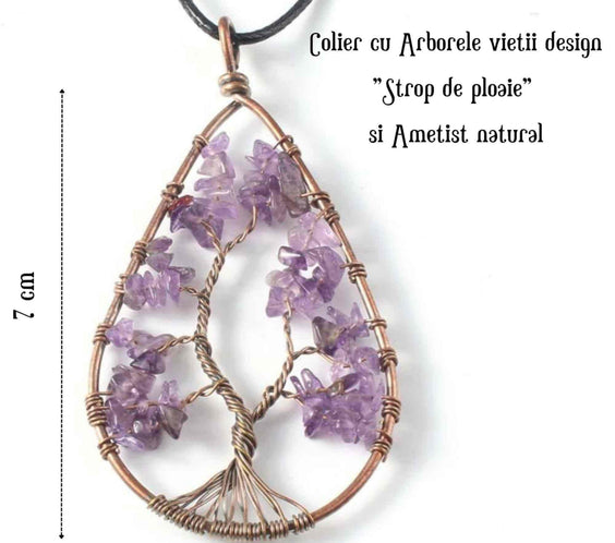 Colier Boho cu Pandantiv in Forma de Lacrima si Arbore al Vietii din Margele de Ametist Natural in Tonuri de Cupru