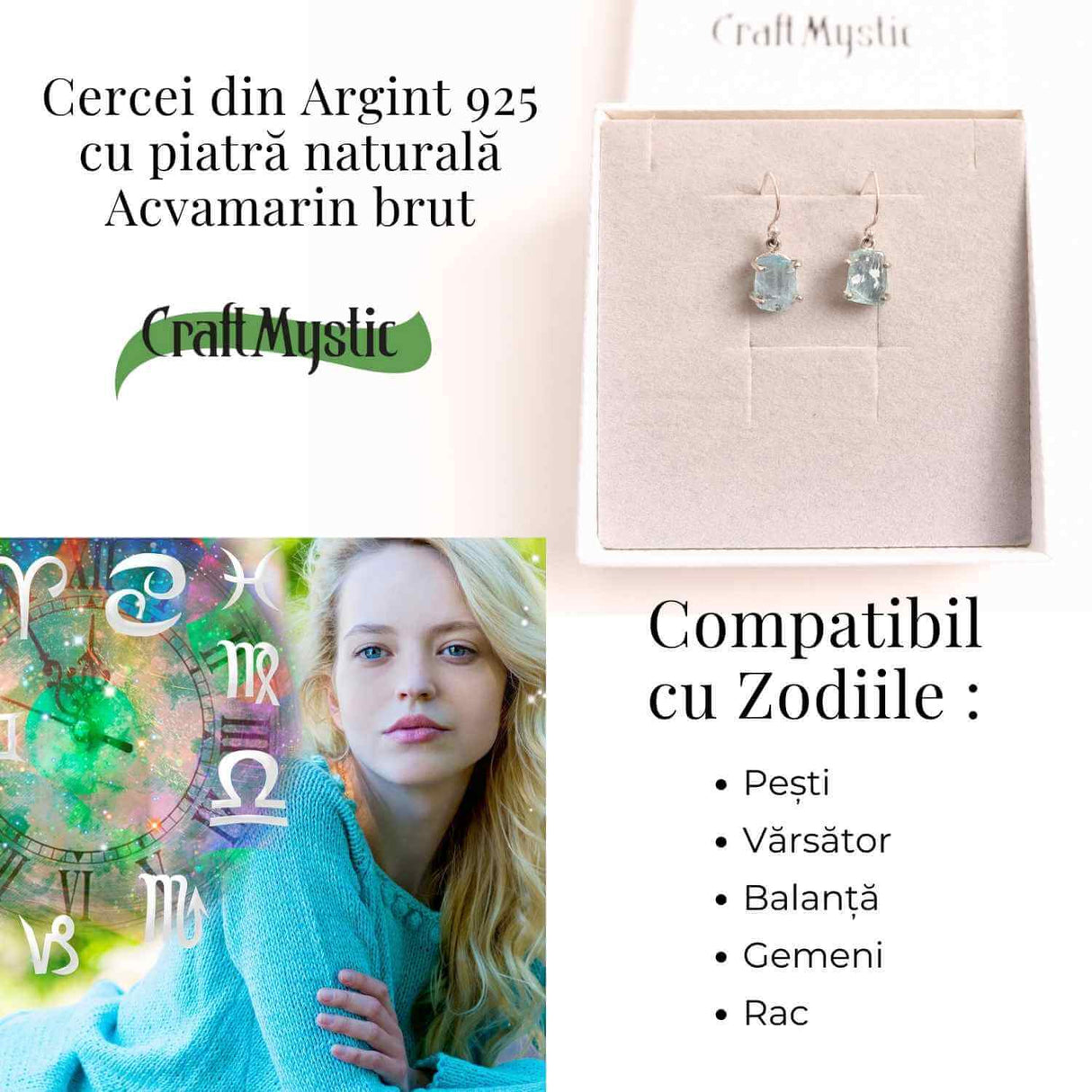 Cercei Argint 925 cu Acvamarin Brut - Energie si Claritate