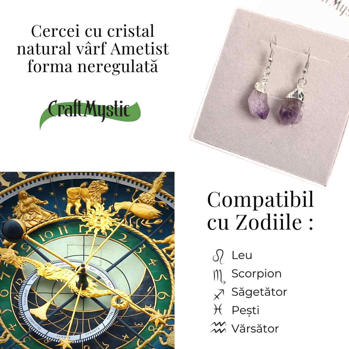 Cercei argintii cu Ametist Brut, argintii – Claritate si protectie spirituala