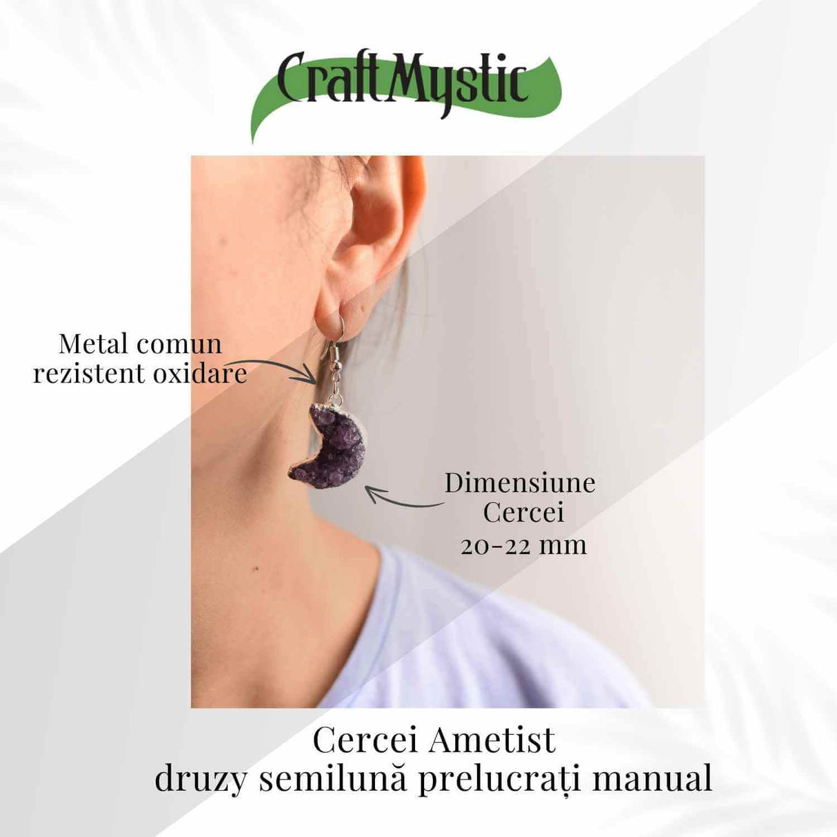 Cercei Argintii cu Ametist Druzy Natural Semilună - Protecție și Claritate