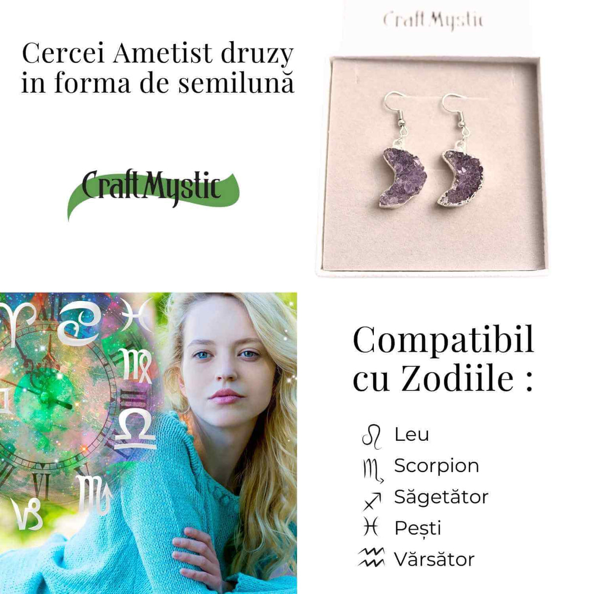 Cercei Argintii cu Ametist Druzy Natural Semilună - Protecție și Claritate