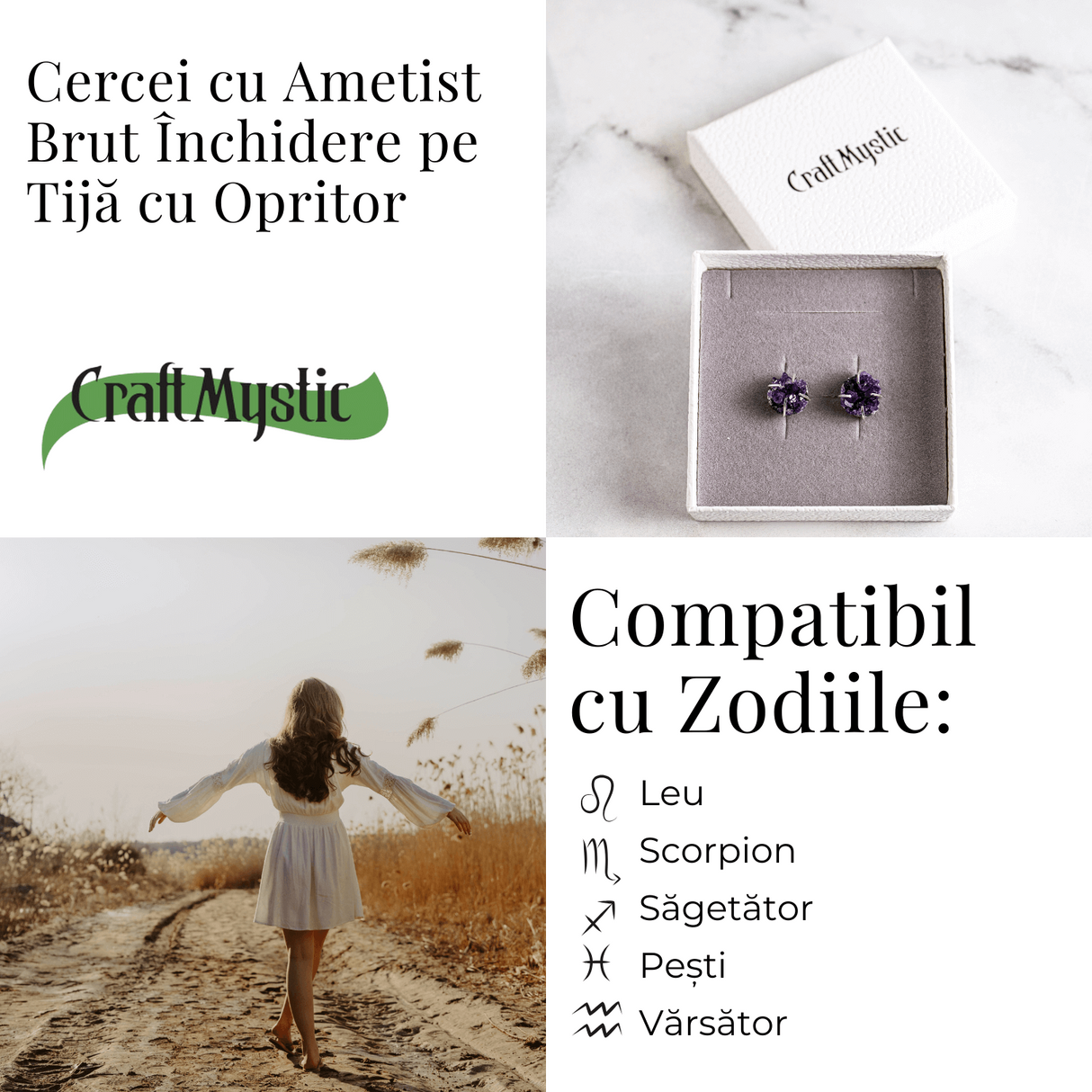 Cercei cu Cristal de Ametist Druzy – Inchidere pe Tija cu Opritor