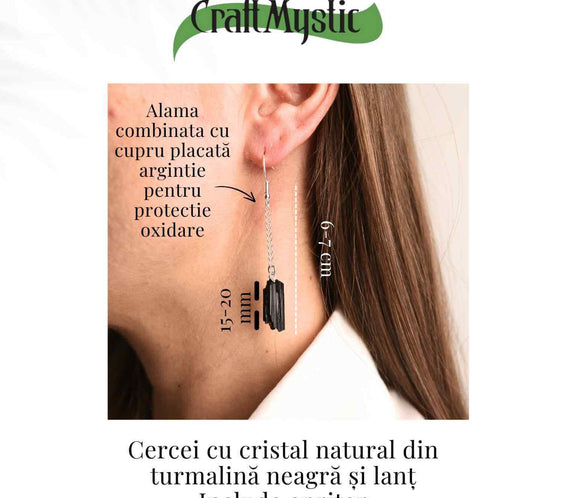 Cercei Argintii cu model Lant si Turmalina Neagra Bruta, Protectie si Eleganta Unica