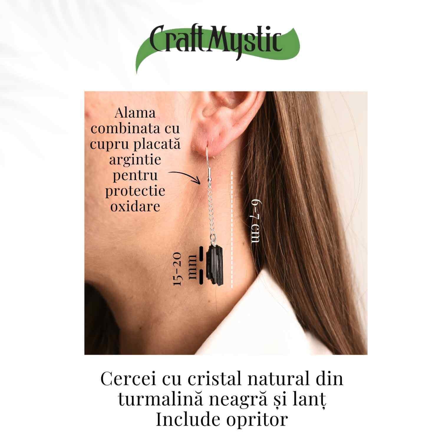 Cercei Argintii cu model Lant si Turmalina Neagra Bruta, Protectie si Eleganta Unica