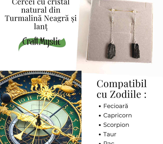 Cercei Argintii cu model Lant si Turmalina Neagra Bruta, Protectie si Eleganta Unica