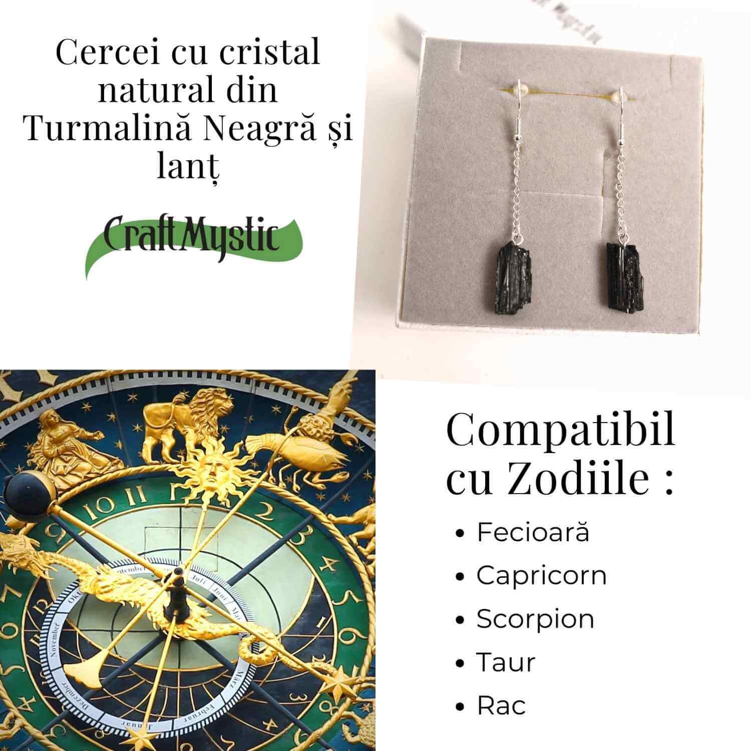 Cercei Argintii cu model Lant si Turmalina Neagra Bruta, Protectie si Eleganta Unica