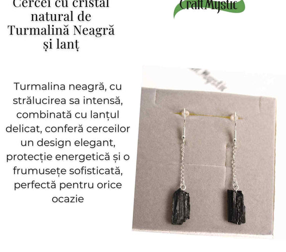 Cercei Argintii cu model Lant si Turmalina Neagra Bruta, Protectie si Eleganta Unica