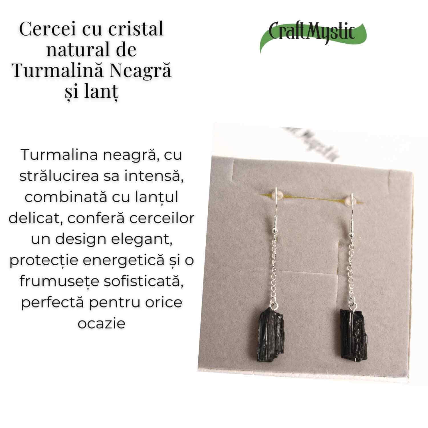 Cercei Argintii cu model Lant si Turmalina Neagra Bruta, Protectie si Eleganta Unica