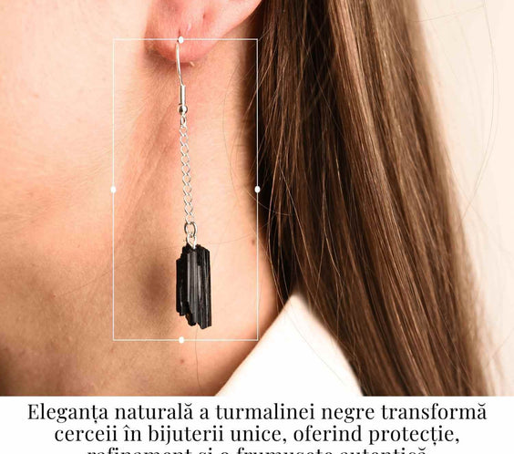 Cercei Argintii cu model Lant si Turmalina Neagra Bruta, Protectie si Eleganta Unica