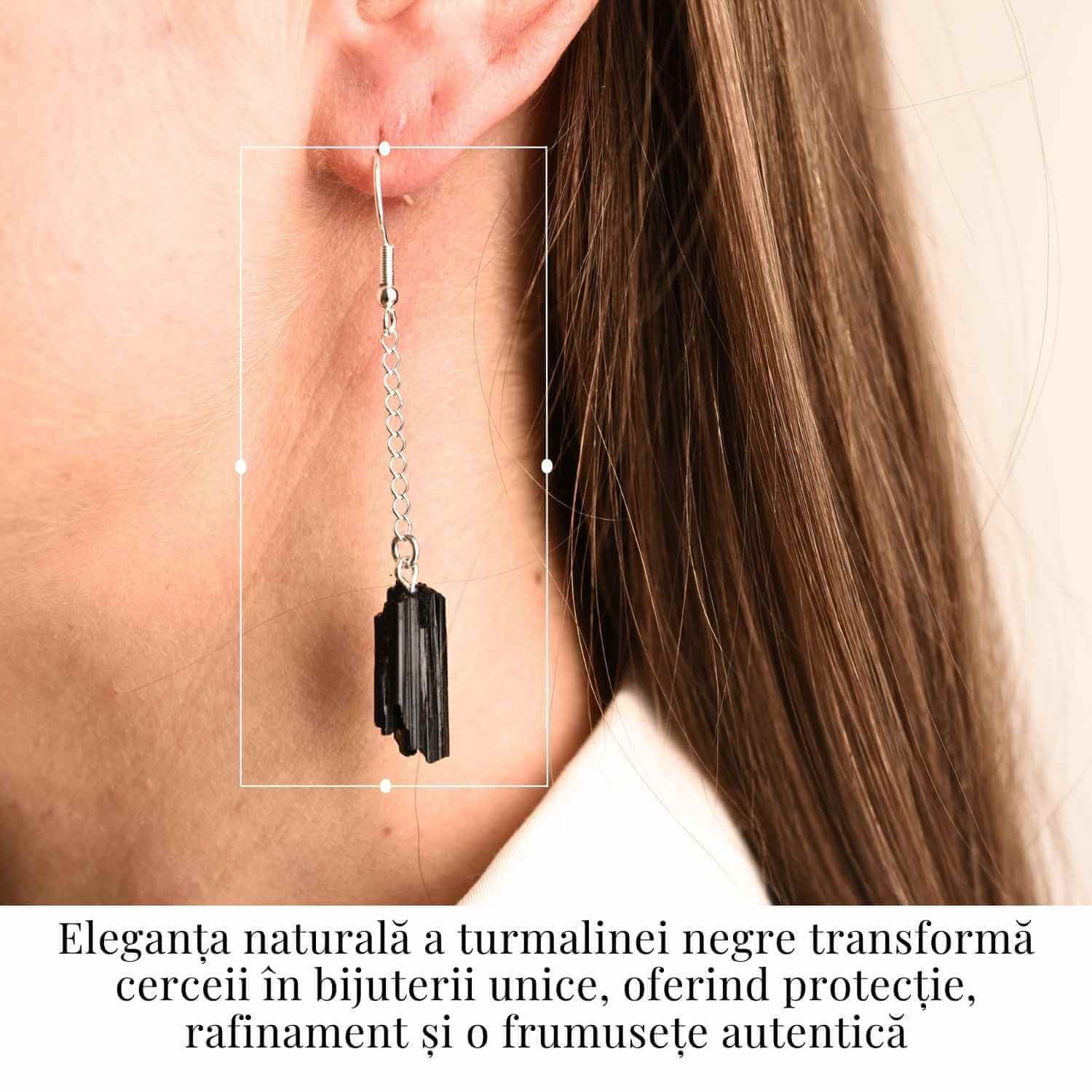 Cercei Argintii cu model Lant si Turmalina Neagra Bruta, Protectie si Eleganta Unica