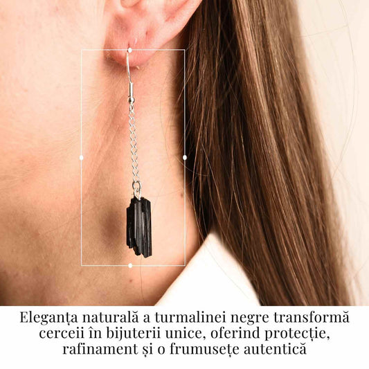 Cercei Argintii cu model Lant si Turmalina Neagra Bruta, Protectie si Eleganta Unica