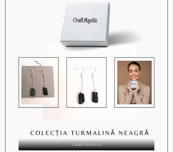 Cercei Argintii cu model Lant si Turmalina Neagra Bruta, Protectie si Eleganta Unica