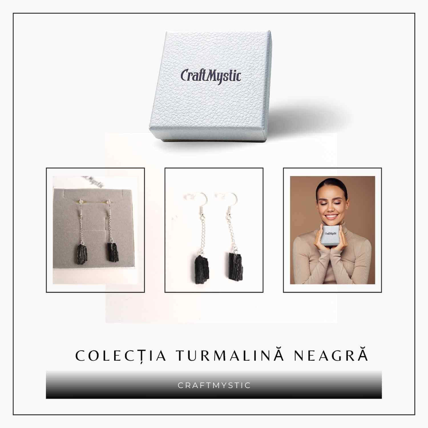 Cercei Argintii cu model Lant si Turmalina Neagra Bruta, Protectie si Eleganta Unica