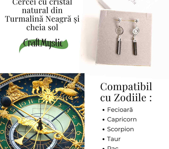 Cercei Argintii cu Turmalina, Cheia Sol si Stea, Protectie si Eleganta Unica