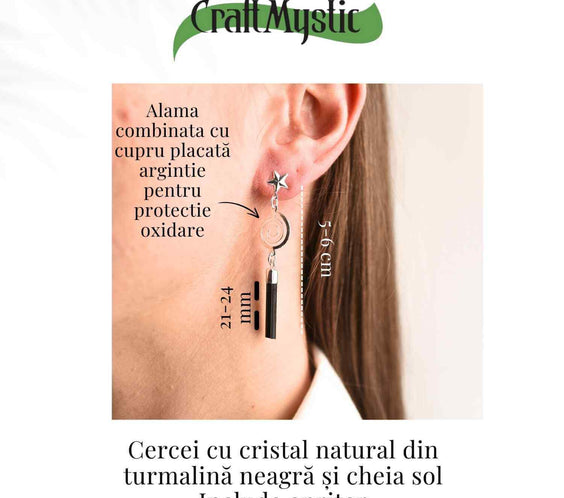 Cercei Argintii cu Turmalina, Cheia Sol si Stea, Protectie si Eleganta Unica