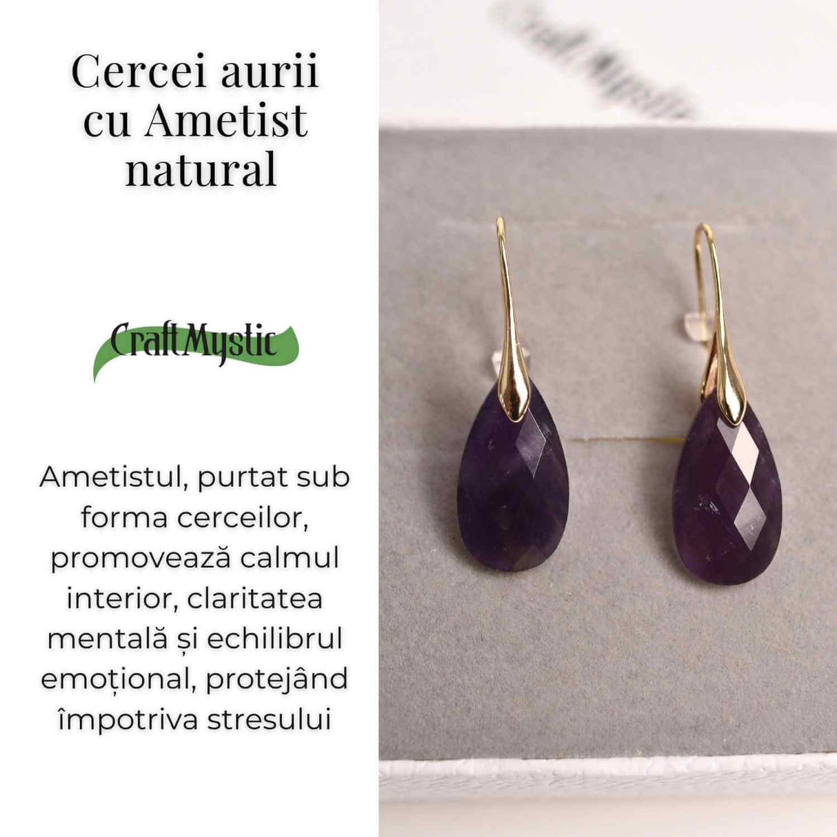 Cercei Aurii eleganti cu Ametist natural Fatetat – Eleganta si Calm Interioar