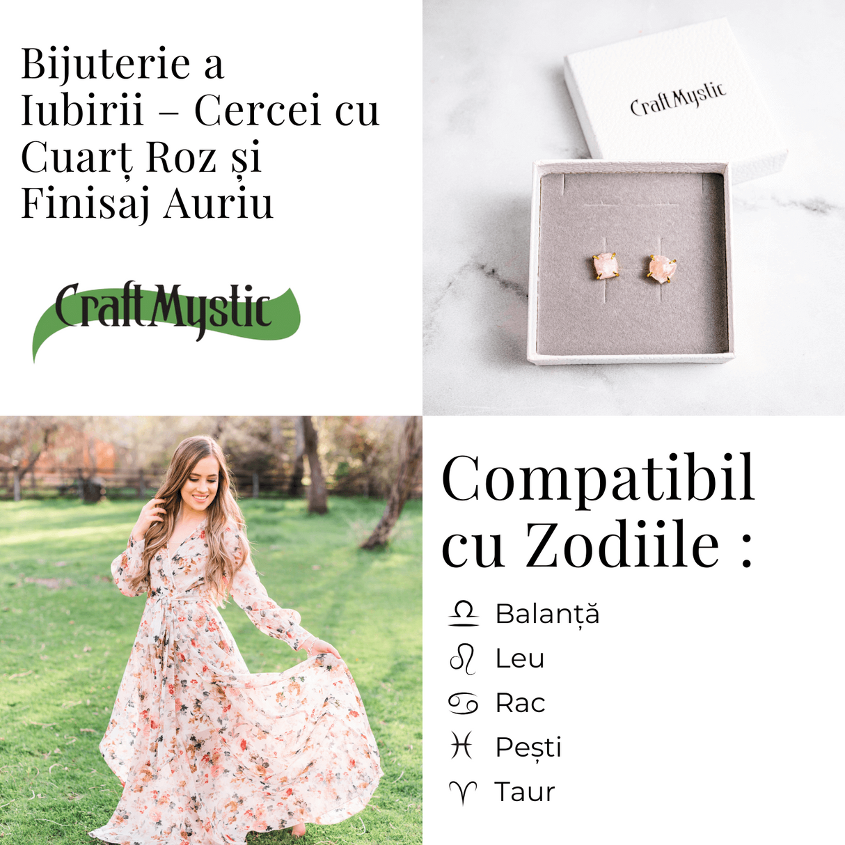 Bijuterie a Iubirii – Cercei cu Cuart Roz si Finisaj Auriu
