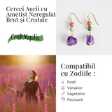 Cercei Aurii cu Ametist Brut, Cristal Capsuna si Green Phantom - Unici si Eleganti