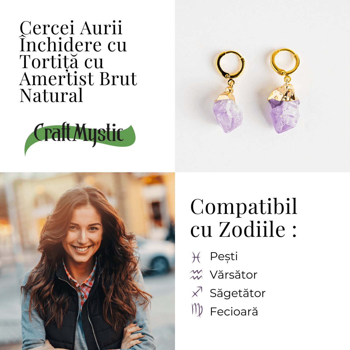 Cercei Aurii cu Ametist Brut Natural –Energie si Echilibru