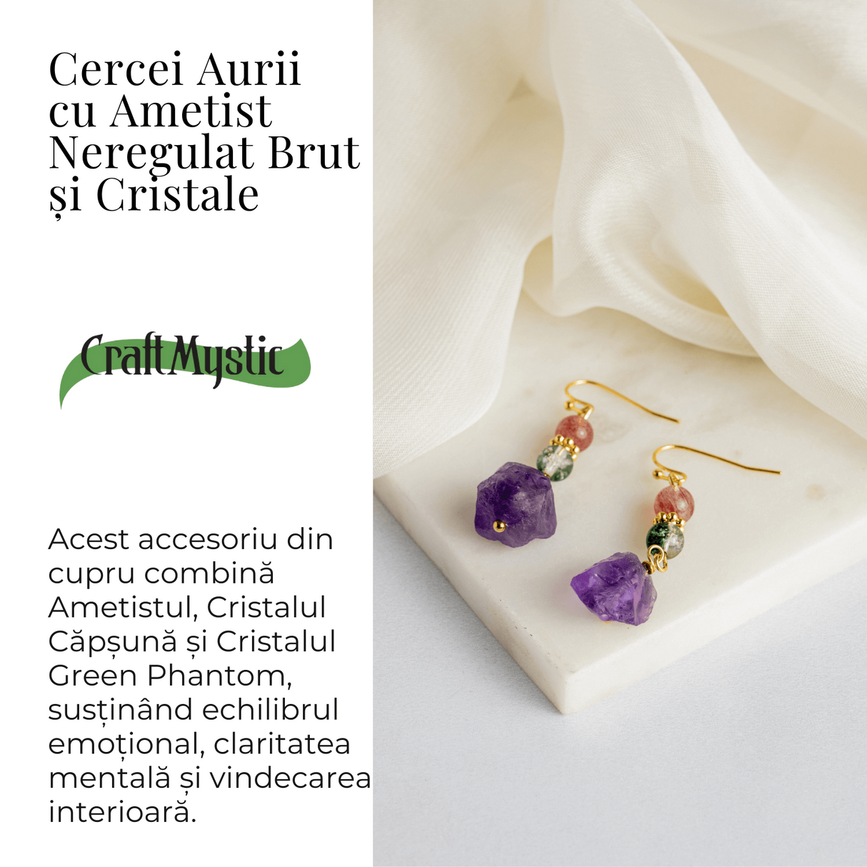 Cercei Aurii cu Ametist Brut, Cristal Capsuna si Green Phantom - Unici si Eleganti