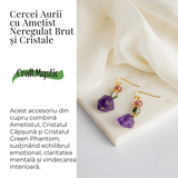 Cercei Aurii cu Ametist Brut, Cristal Capsuna si Green Phantom - Unici si Eleganti