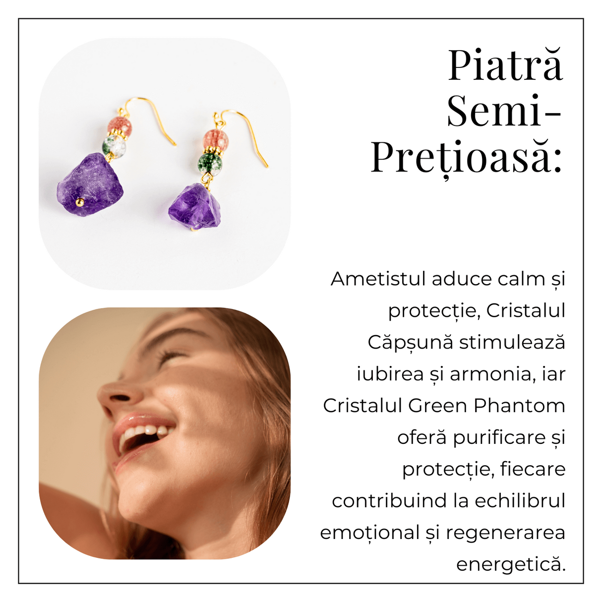 Cercei Aurii cu Ametist Brut, Cristal Capsuna si Green Phantom - Unici si Eleganti
