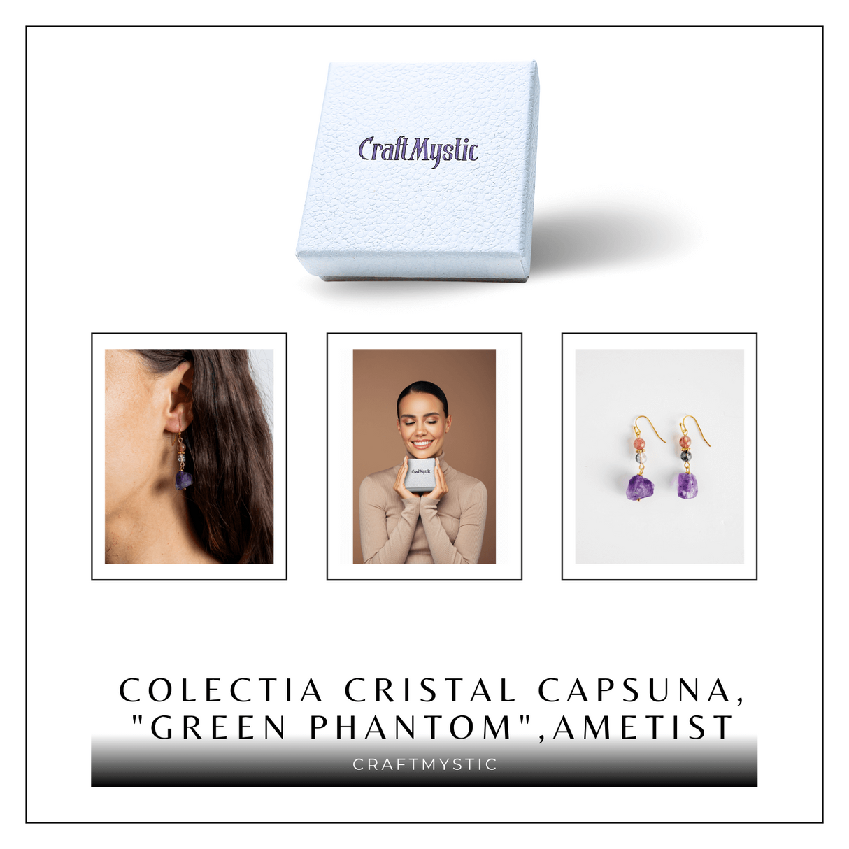 Cercei Aurii cu Ametist Brut, Cristal Capsuna si Green Phantom - Unici si Eleganti