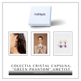 Cercei Aurii cu Ametist Brut, Cristal Capsuna si Green Phantom - Unici si Eleganti