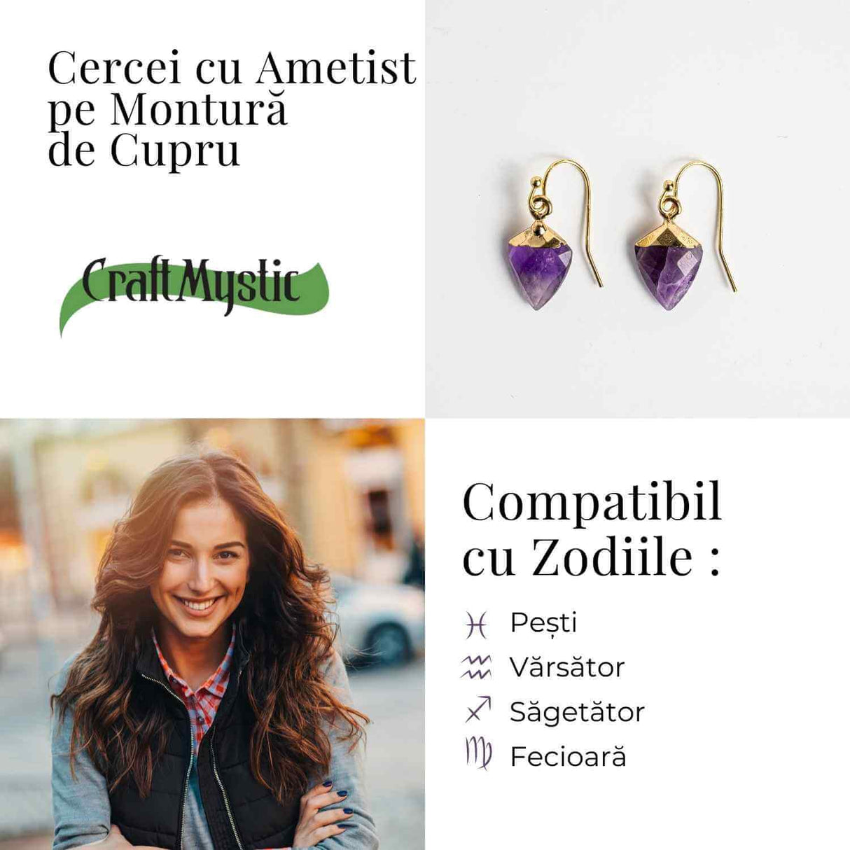 Cercei Aurii Eleganti cu Ametist Natural Fatetat – Eleganta si Protectie