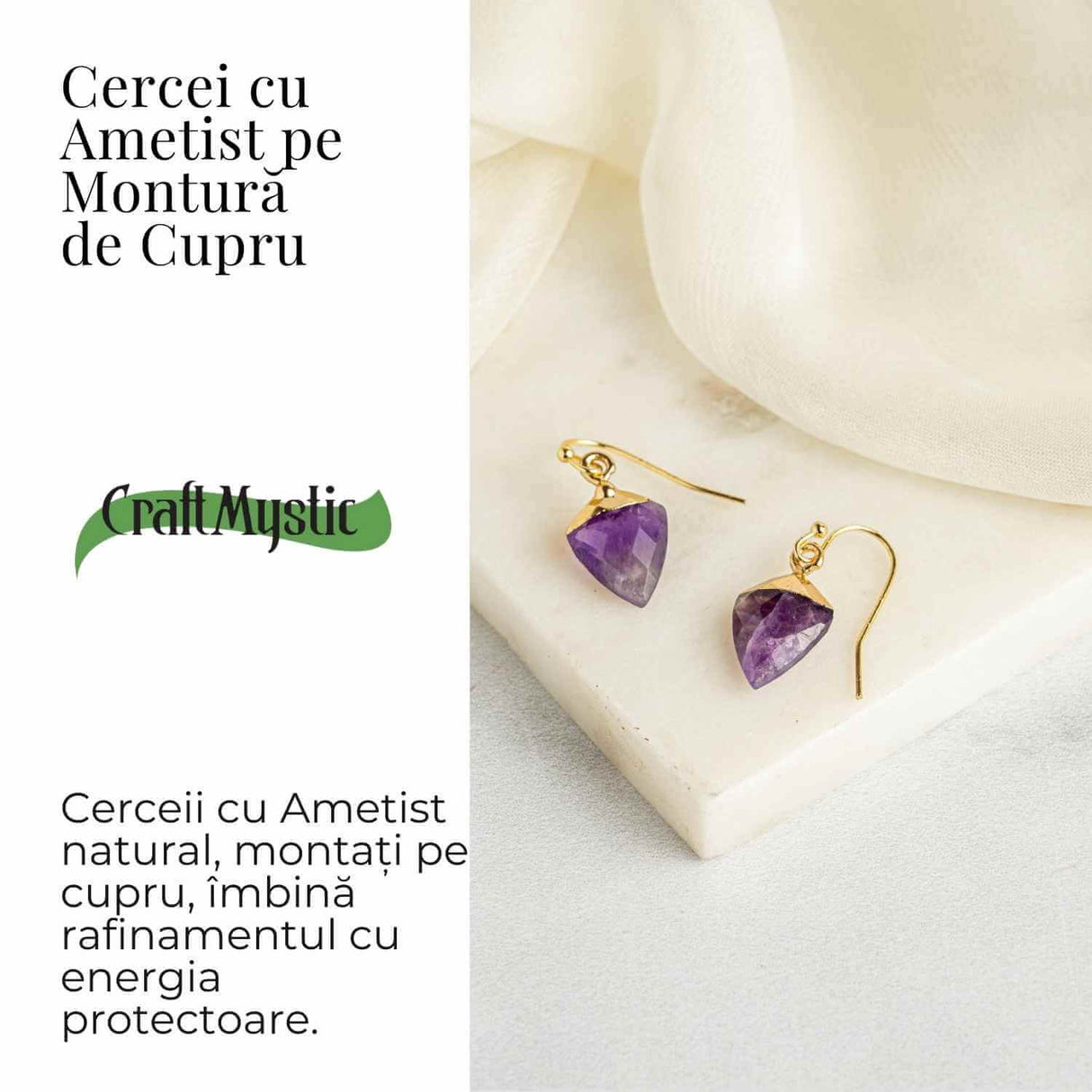 Cercei Aurii Eleganti cu Ametist Natural Fatetat – Eleganta si Protectie