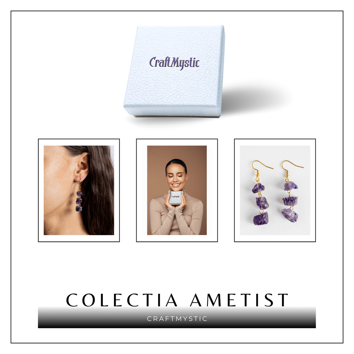 Cercei Aurii cu Triplu Piatra Ametist Brut Natural – Energie, Stil si Unicitate