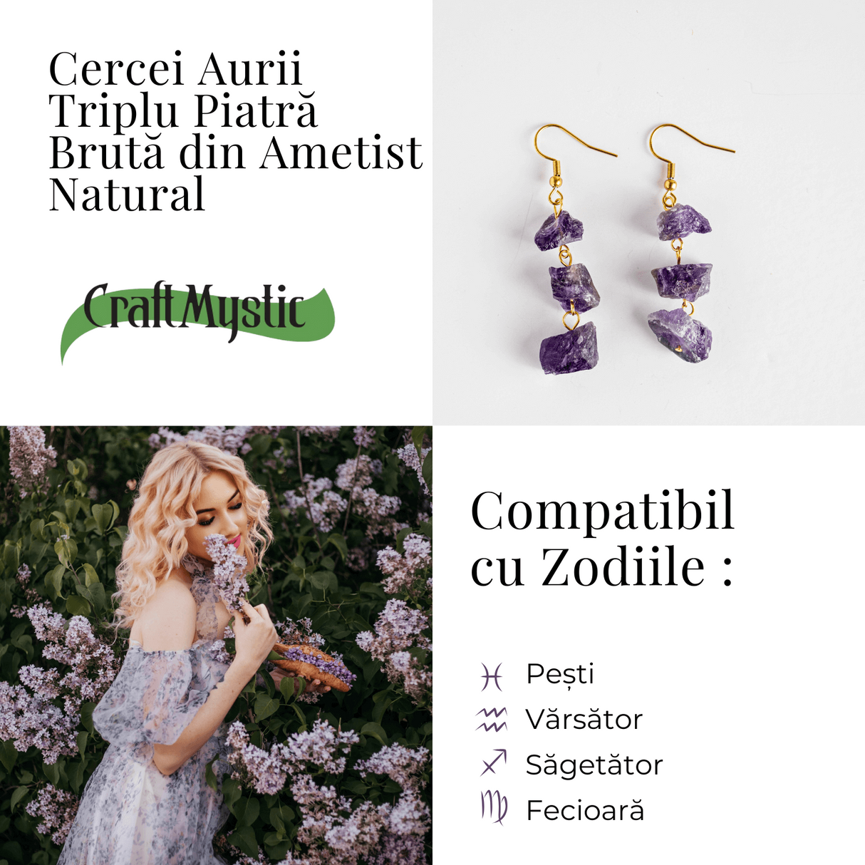 Cercei Aurii cu Triplu Piatra Ametist Brut Natural – Energie, Stil si Unicitate