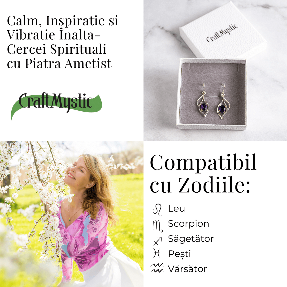 Cercei spirituali cu piatra Ametist – Calm si Vibratie Inalta