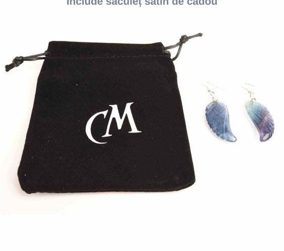 Cercei din cristal Flourit 4 cm, forma aripi de inger si saculet satin inclus - Pentru protectie