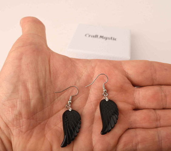 Cercei aripi de inger din piatra semipretioasa Obsidian 3 cm