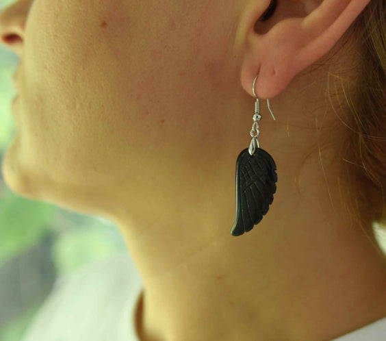 Cercei aripi de inger din piatra semipretioasa Obsidian 3 cm