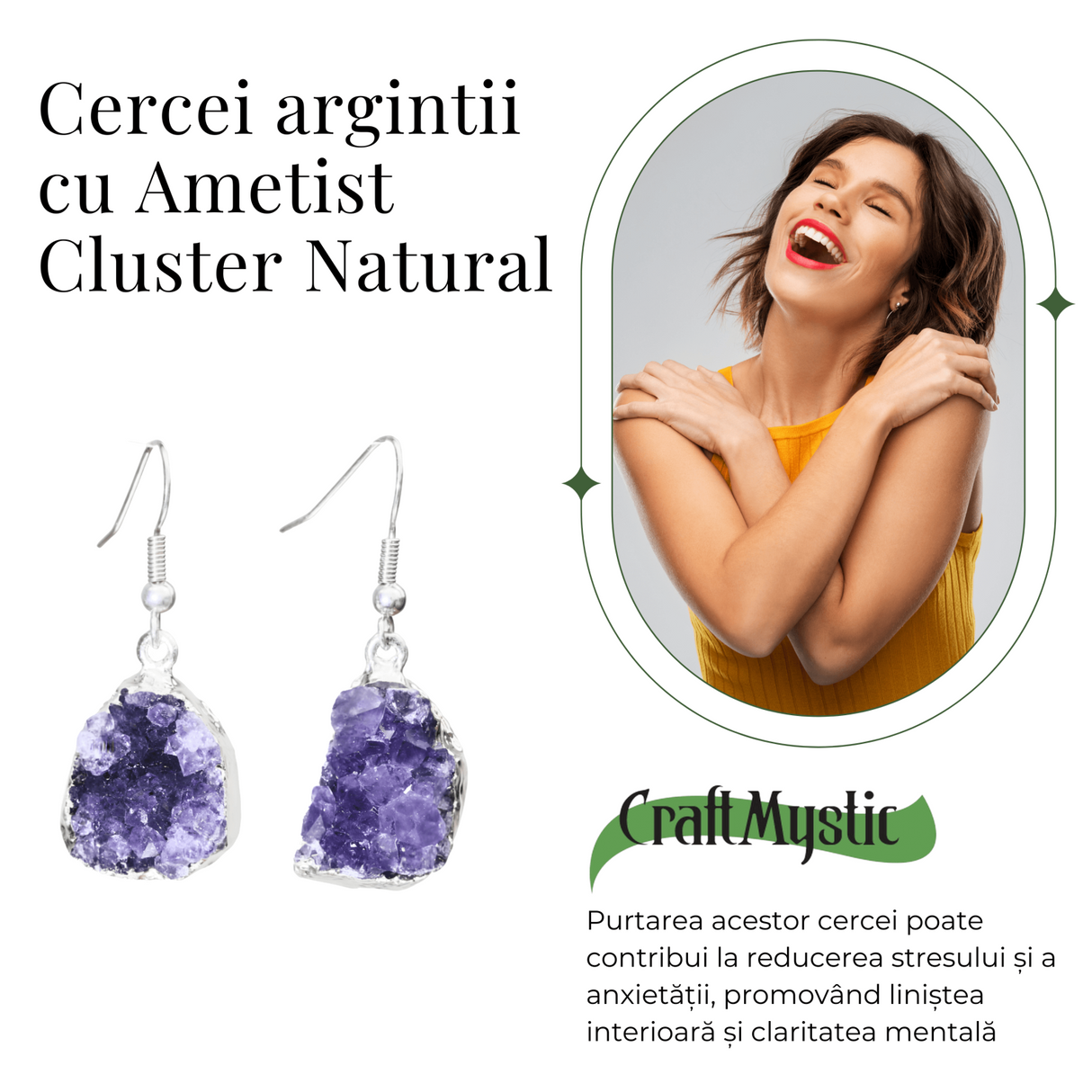 Cercei Argintii cu Ametist Cluster Natural 20-25mm, Forma Neregulata