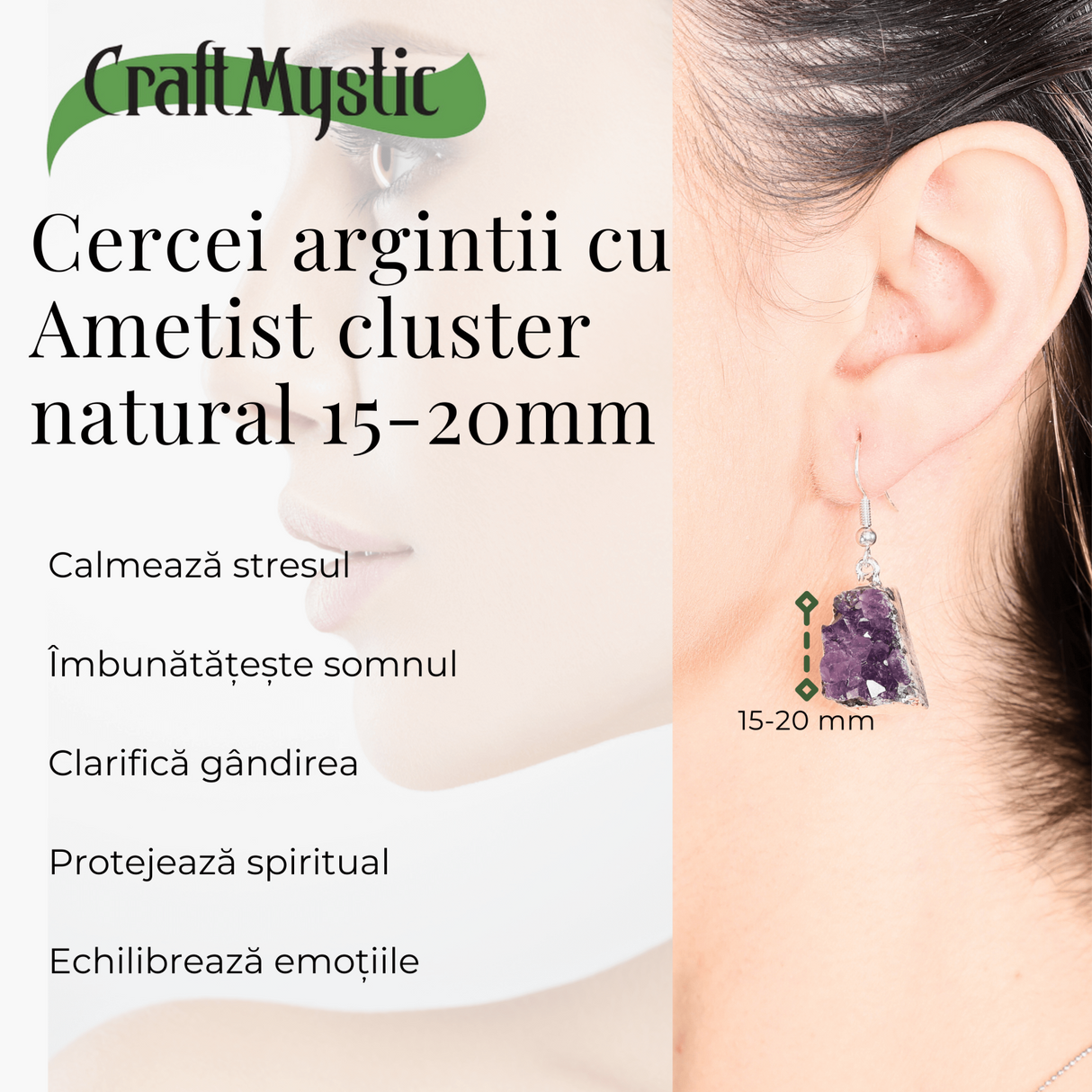 Cercei Argintii cu Ametist Cluster Natural 20-25mm, Forma Neregulata