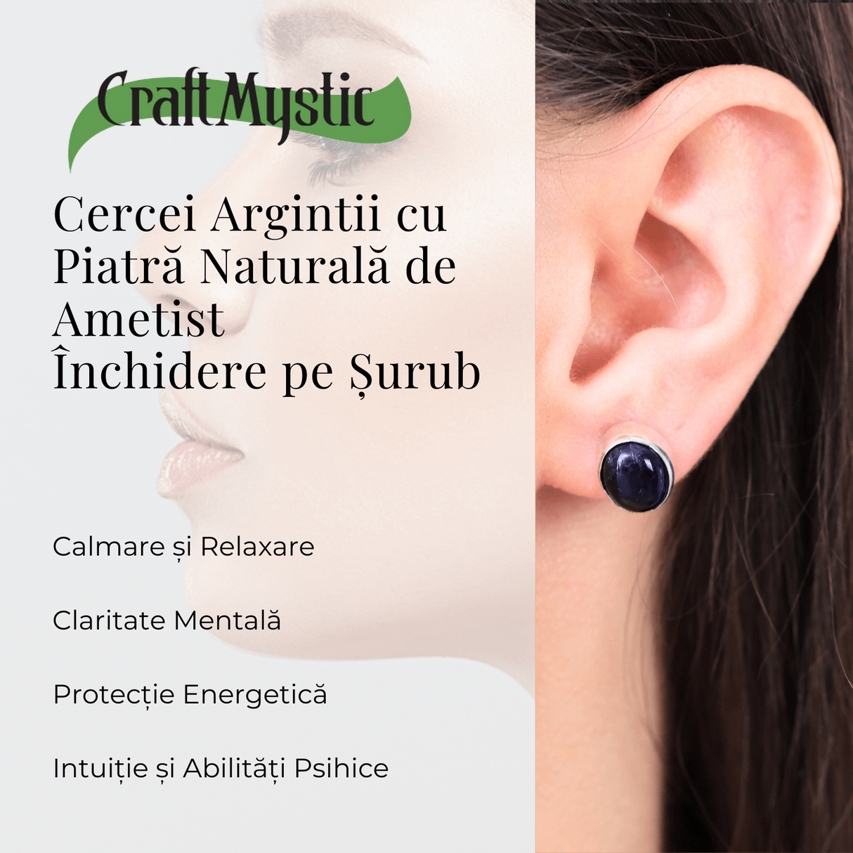 Cercei Eleganti cu Ametist Natural inchidere pe surub, pentru calm si echilibru