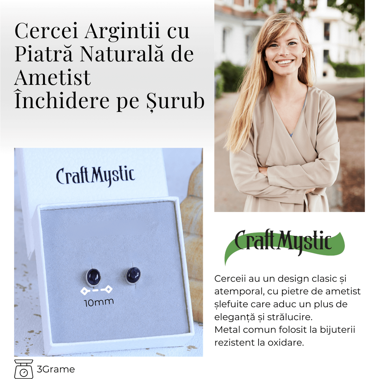 Cercei Eleganti cu Ametist Natural inchidere pe surub, pentru calm si echilibru