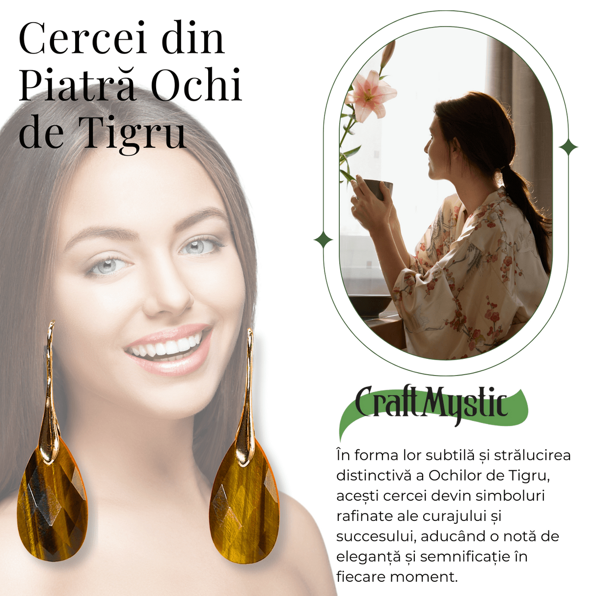 Cercei Eleganti cu Metal Auriu si Piatra Naturala din Ochi de Tigru Fatetat