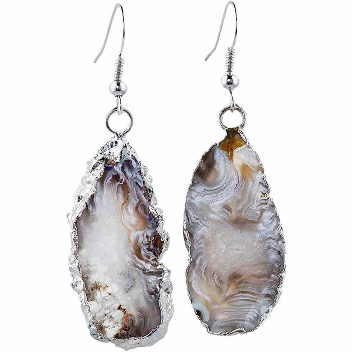 Cercei cu piatra semipretioasa naturala onyx deschis forma geoda cu metal placat argintiu