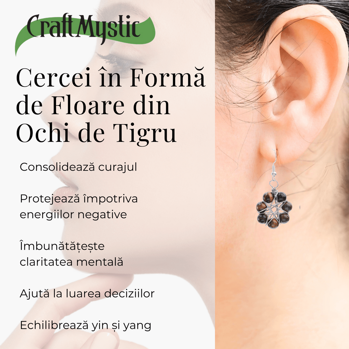 Cercei Argintii in Forma de Floare cu Ochi de Tigru - Sporirea Curajului si Claritatii Mentale