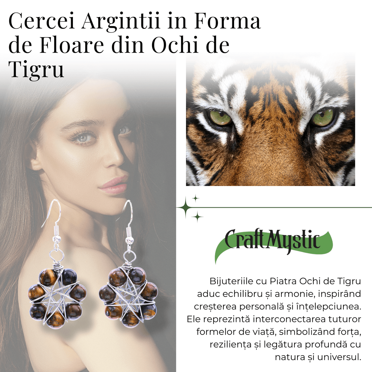 Cercei Argintii in Forma de Floare cu Ochi de Tigru - Sporirea Curajului si Claritatii Mentale