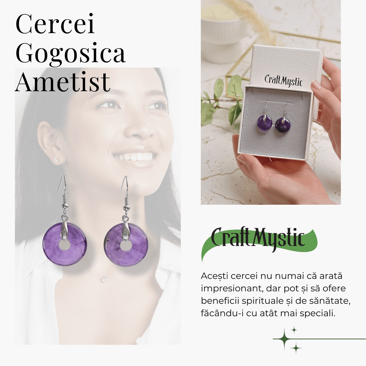 Cercei Argintii in Forma de Gogosica din Ametist - Promoveaza Linistea si Claritatea Mentala