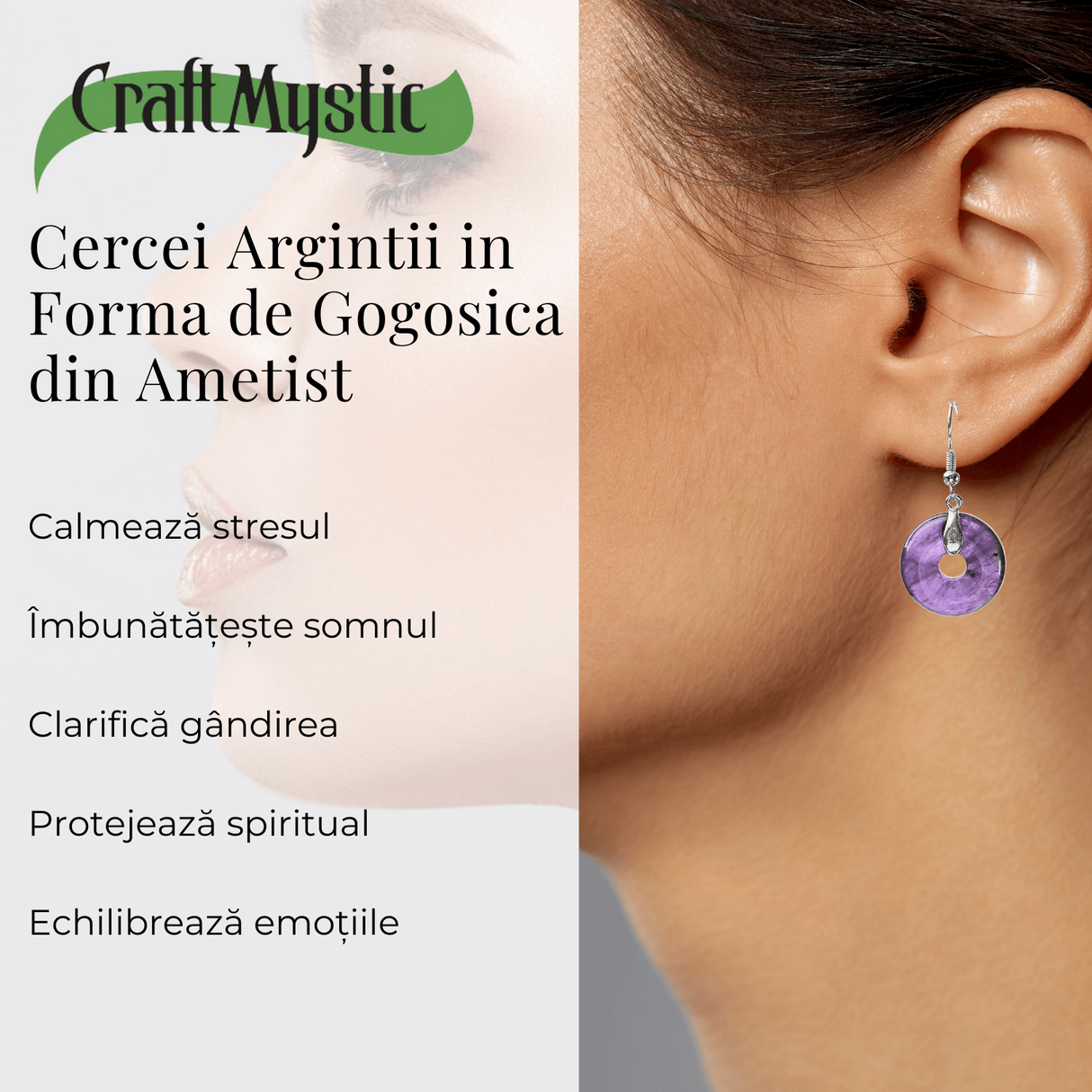 Cercei Argintii in Forma de Gogosica din Ametist - Promoveaza Linistea si Claritatea Mentala
