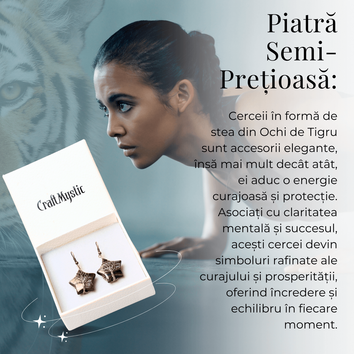 Cercei Eleganti in Forma de Stea cu Piatra Semipretioasa Ochi de Tigru Natural